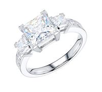 Echter Moissanit oder künstlicher Diamant in der Mitte, 1,5 Karat Diamant, Sterlingsilber, drei Steine, alle Prinzessschliff-Seitensteine, Verlobungsring, Metall Sterling Silber Metall: Aus