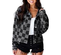 Ecosunny Lässiges Damenhemd, langärmelig, Knopfleiste, kariert, Patchwork, Denim-Jacke, leichter Mantel, Schwarz, L