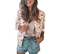 ECOWISH Damen Casual Jacke Blumenmuster Langarm Bomberjacke Reißverschluss Stehkragen Outwear Kurz Coat Herbst Frühling 333pink Large