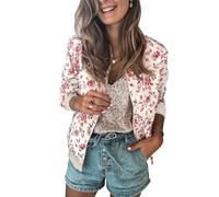 ECOWISH Damen Casual Jacke Blumenmuster Langarm Bomberjacke Reißverschluss Stehkragen Outwear Kurz Coat Herbst Frühling 333pink Small