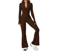 Ecupper Damen Workout Jumpsuit Langarm Sleeve mit Taschen Flare Romper Zip up Ski suit women Einteiler Romper Sexy onesie bodysuit Kaffeebraun XL