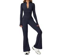Ecupper Damen Workout Jumpsuit Langarm Sleeve mit Taschen Flare Romper Zip up Ski suit women Einteiler Romper Sexy onesie bodysuit Dunkelblau L