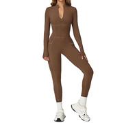 Ecupper Damen Workout Jumpsuit Langarm Sleeve mit Taschen Zip Up Ski suit women Einteiler Romper Sexy onesie bodysuit Kaffeebraun M