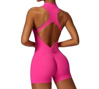 Ecupper Jumpsuit Damen Sport mit Reißverschluss Einteiler Romper Ärmellos Bodycon Eng Rückenfreie Padded Rosenrot L