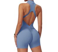 Ecupper Jumpsuit Damen Sport mit Reißverschluss Einteiler Romper Ärmellos Bodycon Eng Rückenfreie Padded Hellblau L