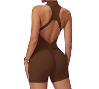 Ecupper Jumpsuit Damen Sport mit Reißverschluss Einteiler Romper Ärmellos Bodycon Eng Rückenfreie Padded Braun L