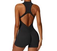 Ecupper Jumpsuit Damen Sport mit Reißverschluss Einteiler Romper Ärmellos Bodycon Eng Rückenfreie Padded Schwarz L