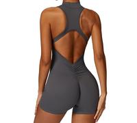 Ecupper Jumpsuit Damen Sport mit Reißverschluss Einteiler Romper Ärmellos Bodycon Eng Rückenfreie Padded Grau L