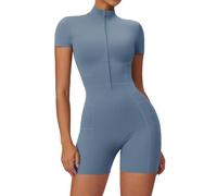 Ecupper women Einteiler Romper Sexy onesie bodysuit Workout Jumpsuit kurz Sleeve mit Taschen Zip Up damen playsuit overall Hellblau S