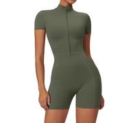 Ecupper women Einteiler Romper Sexy onesie bodysuit Workout Jumpsuit kurz Sleeve mit Taschen Zip Up damen playsuit overall Armeegrün L