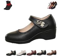 EDAT Klassische Leder-Plateauschuhe Mit Keilabsatz, Bequeme Keilabsatzschuhe Mit Geschlossener Zehenpartie Und Knöchelriemen Für Damen(Black-B,42 EU)