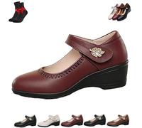 EDAT Klassische Leder-Plateauschuhe Mit Keilabsatz, Bequeme Keilabsatzschuhe Mit Geschlossener Zehenpartie Und Knöchelriemen Für Damen(Red,42 EU)