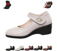 EDAT Klassische Leder-Plateauschuhe Mit Keilabsatz, Bequeme Keilabsatzschuhe Mit Geschlossener Zehenpartie Und Knöchelriemen Für Damen(Beige,38 EU)