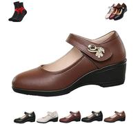 EDAT Klassische Leder-Plateauschuhe Mit Keilabsatz, Bequeme Keilabsatzschuhe Mit Geschlossener Zehenpartie Und Knöchelriemen Für Damen(Brown,37 EU)
