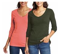 Eddie Bauer Damen Langarm V-Ausschnitt 2er-Pack T-Shirts, Olive Rose, Mittel