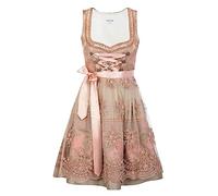 Edelnice Trachtenmode Mini Dirndl Rosalie aus goldenen Brokatstoff mit rosé farbenen Rosenmuster, Herzausschnitt und mit Pailletten und Perlen bestickter Spitzenschürze Gr. 42