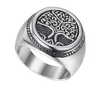 Edelstahl Baum Des Lebens Runder Siegelring - Nordische Mythologie Wikinger Yggdrasil Ring - Männer Frauen Vintage Charm Klassisches Amulett Keltischer Knoten Lebensbaum Ring Schmuck(Silver_09)