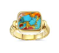 Edelstahl vergoldet Siegelring für Herren Damen - Moderner Boho Stil - rechteckiger Roter Muschel-Türkis - chunky Statement Ring größe 52(16.6)