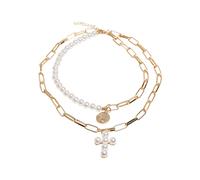 Edelstahlkette URBAN CLASSICS "Urban Classics Unisex Pearl Cross Layering Necklace", pearlweiß, gold, Halsketten, Damen, onesize, Edelstahlkette (75726736-0) pearlweiß, gold