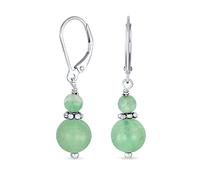 Edelstein Natural Green Aventurine Boho Bali Milgrain Edged Beaded Rondel Separator Double Ball Round Drop Dangle Earrings For Women Teen .925 Sterling Silver Lever Back