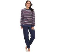 Edler Damen Frottee Pyjama Langarm Schlafanzug mit Bündchen in Streifenoptik - 291 13 902, Farbe:Marine, Größe:48/50