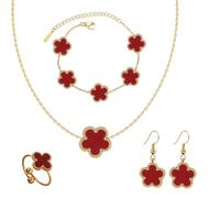 EduPlayte Einfache Mode Schmuck Set, Vierblättriges Kleeblatt Schmuckset für Damen und Mädchen, Halskette Armband Ohrringe und Der Ring, Hypoallergenes Geschenke für Valentinstag und Geburtstag