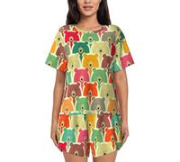 EdWal Damen-Pyjama-Set mit buntem Bären-Aufdruck, Loungewear-Set, weiche Loungewear, kurzärmeliger Schlafanzug und Shorts, Schwarz , 42