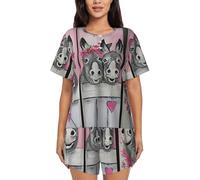 EdWal Damen-Pyjama-Set mit Esel- und Blumendruck, Loungewear-Set, weich, Loungewear, kurzärmelig, Pyjama und Shorts, Schwarz , 36