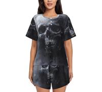 EdWal Damen-Pyjama-Set mit Horror-Geister-Totenkopf-Aufdruck, Loungewear-Set, weiche Loungewear, kurzärmeliger Schlafanzug und Shorts, Schwarz , 36