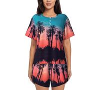 EdWal Damen-Pyjama-Set mit Palmen-Sonnenuntergang-Druck, Loungewear-Set, weich, Loungewear, kurzärmelig, Pyjama und Shorts, Schwarz , 50