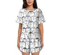 EdWal Damen-Pyjama-Set mit süßem Pinguin-Druck, Loungewear-Set, weiche Loungewear, kurzärmeliger Schlafanzug und Shorts, Schwarz , 38