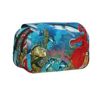 EdWal Federmäppchen mit Delfinen, Meeresschildkröte, Hai, Oktopus, Korallenriff-Druck, Leinen, Stifteetui, großes Fassungsvermögen, Organizer, multifunktionales Federmäppchen