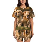 EdWal Golden Retriever Damen-Pyjama-Set, Loungewear, kurzärmelig, mit Hundemotiven und Shorts, Schwarz , 52