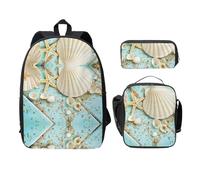 EdWal Ocean Sea Beach Muscheln Seestern Blau Druck Rucksäcke mit Lunchpaket, Federmäppchen, 3-teilig, leichte Büchertasche für Mittelschule, Schwarz , Einheitsgröße