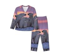 EdWal Pyjama-Set mit Eisbär-Aufdruck für Damen und Damen, modisches Langarm-Shirt und durchgehende Unterseite, Schwarz , L