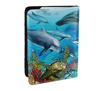 EdWal Reisepasshülle mit Kreditkartenfach, Leder, Motiv: Delfine, Meeresschildkröte, Hai, Oktopus, Korallenriff, für Damen, Herren, Familienausweis, Reisen, Schwarz , Einheitsgröße