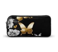 Eekstdbn Federmäppchen, goldfarben, weiße Schmetterlinge, schwarz, für Büro, Schreibwaren, Organizer, einfacher stabiler Reißverschluss, tragbar, für Büro, Reisen, Mehrzwecktasche