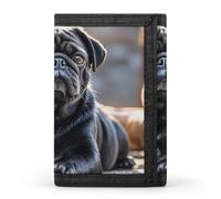 Eekstdbn Niedliche schwarze Geldbörse mit Mops-Motiv, dreifach gefaltet, Kartenetuis und Geldbeutel, dünn, stilvolle Mini-Münztasche mit Reißverschluss, Münzfach, Kreditkarte für Männer und Frauen