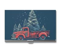 Eekstdbn Visitenkartenetui für Damen oder Herren, Motiv: roter LKW mit Weihnachtsbaum, mit Schnappverschluss, tragbarer Namenshalter, Kreditkartenetui für Geschäftstreffen