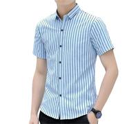 Eesuei Baumwollhemd Herren Kurzarm Koreanisches Sommerhemd Jugend Weiches gestreiftes Top Sommer Lässiges Kurzarmhemd Blue XS
