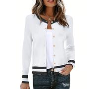 EFFAN Damen Leichte Strickjacke Langarm Cardigan Klassisch Rundhalsstrickjacke Knopfleiste Winterjacke Strickjacken, Weiß-Schwarz Farbblock, XL