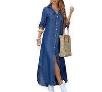 EFOFEI Damen Aufrollen Ärmel Denim Kleid Chiffon Druck Shirt Maxi Hemd Kleid mit Brusttaschen Sommer Party Kleid Denim Blau XXL