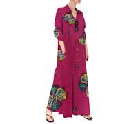 EFOFEI Damen Beach Loose Long Kaftan Maxi Dress Autumn Solid Plain Oversized Maxi Dress Vintage Long Gown Kaftans with Button Klee Rot 3XL