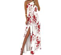 EFOFEI Damen Brust Hohl Sommerkleid Rüschen Sexy Cocktail Maxi Kleid Meerjungfrau High Split Cocktail Langes Weiß Rot Blume S