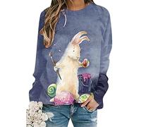 EFOFEI Damen Bunny Graphic Loose Fit Pullover Funny Rabbit Pattern Shirt Easter Crew Neck Sweatshirt Marineblau L