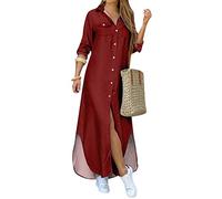 EFOFEI Damen Loose Fit Bluse Kleid Sommer Hemdkleid Casul Button Down Hemdkleid Baggy Loose Shift Kleid Reines Weinrot XXL