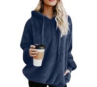 EFOFEI Damen Modischer Warmer Herbst Winter Pullover Farbblock Kapuzenmantel Mit Reißverschluss Hoodie Pullover Teddy-Fleece Mantel Navy Blau L