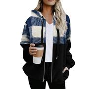 EFOFEI Damen Patchwork Mantel mit Kapuze Übergroß Gefütterte Flanell Jacke Schottenmuster Sweatshirt Mantel Blau Weiß 5XL