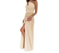 EFOFEI Damen Plissee Maxi Hoch Schlitz Formelles Kleid Sommer Hoch Taille Langes Kleid Sexy Cocktail Split Cutout Abendkleid Apricot XS