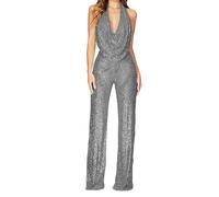 EFOFEI Damen Trägerlose Pailletten Hosen Ärmelloser Sexy Metallic Overall Tiefer V-Ausschnitt Jumpsuit Grau M